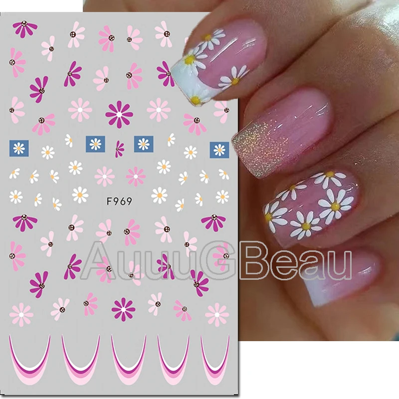 

Nail Art 3d Back Glue Sticker French Tips Pink Purple White Daisy Flowers Decals Nail Decoration Salon Beauty