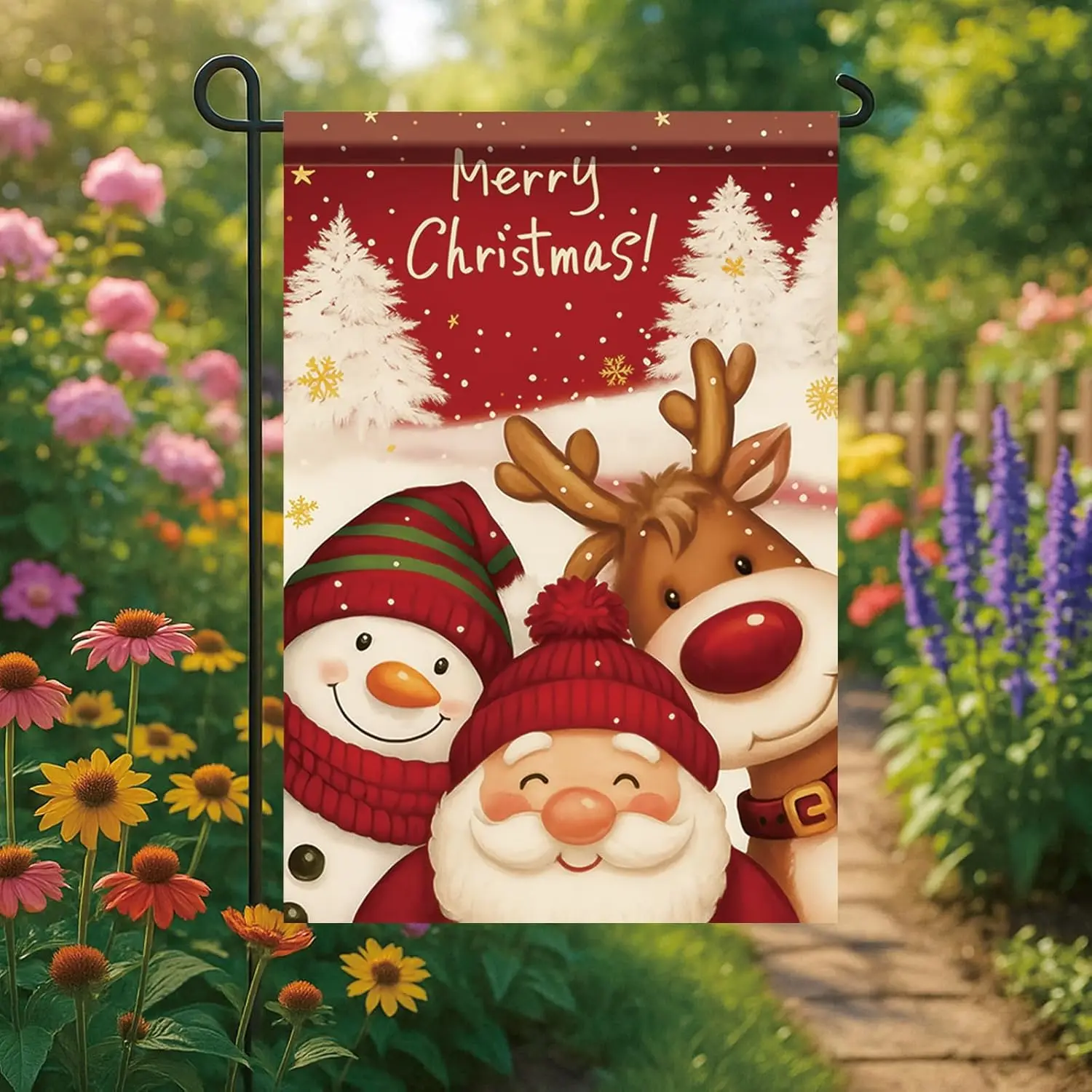 Christmas Garden Flag Santa Snowman Reindeer 12x18 Inch Double Sided Outdoor Yard Banner for Holiday Merry Christmas Winter  hhz