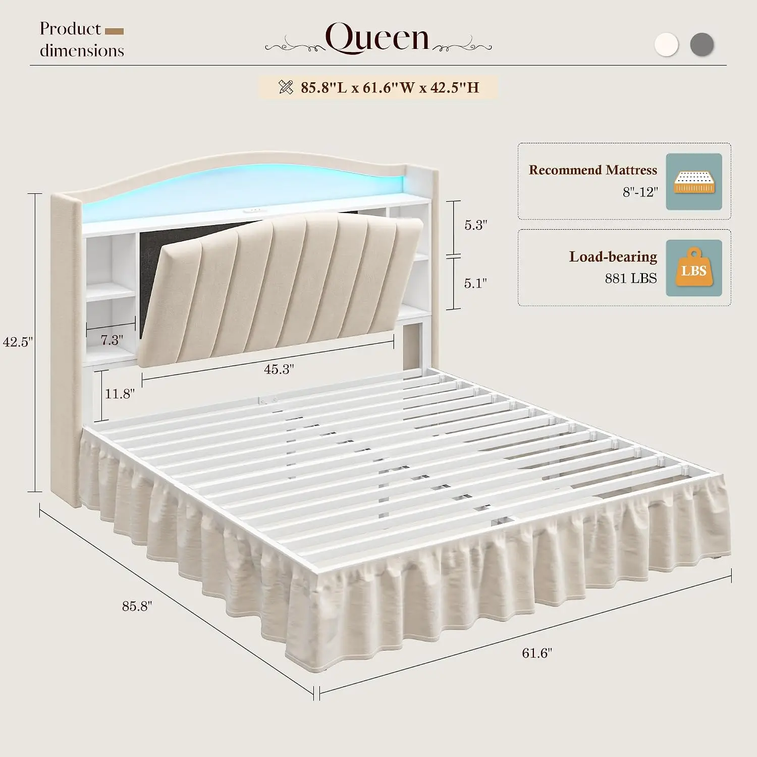 Queen Bed Frame Bookcase Headboard LED Charging Station Platform Skirt 14 Inch Storage Hidden Cubbies Noise-Free, Customized