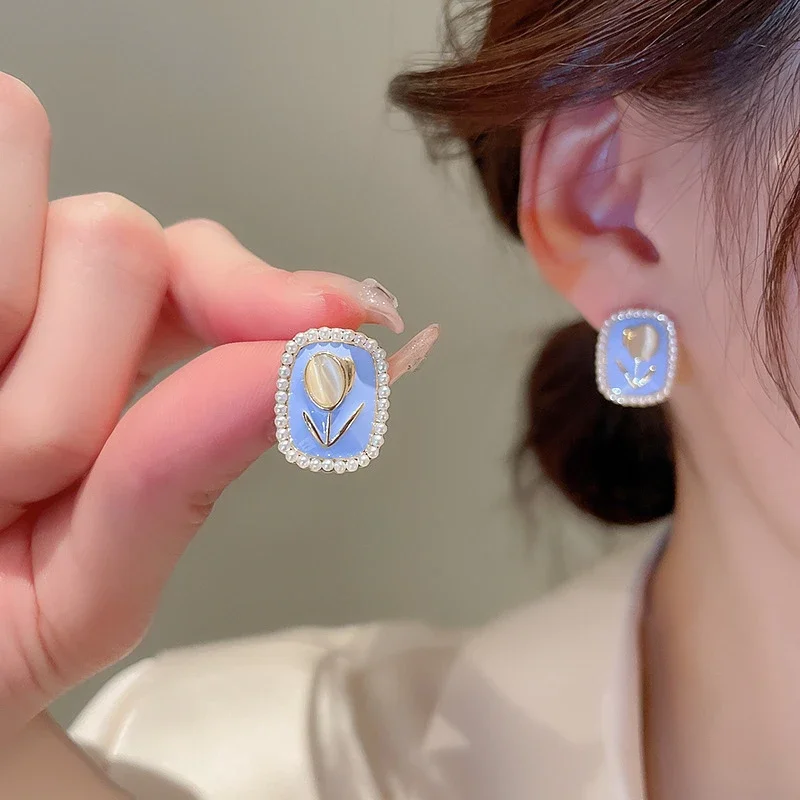 New Sweet Opal Tulip Flower Blue Square Imitation Pearl Stud Earring for Women Korean Geometric Jewelry Christmas Girl Gift
