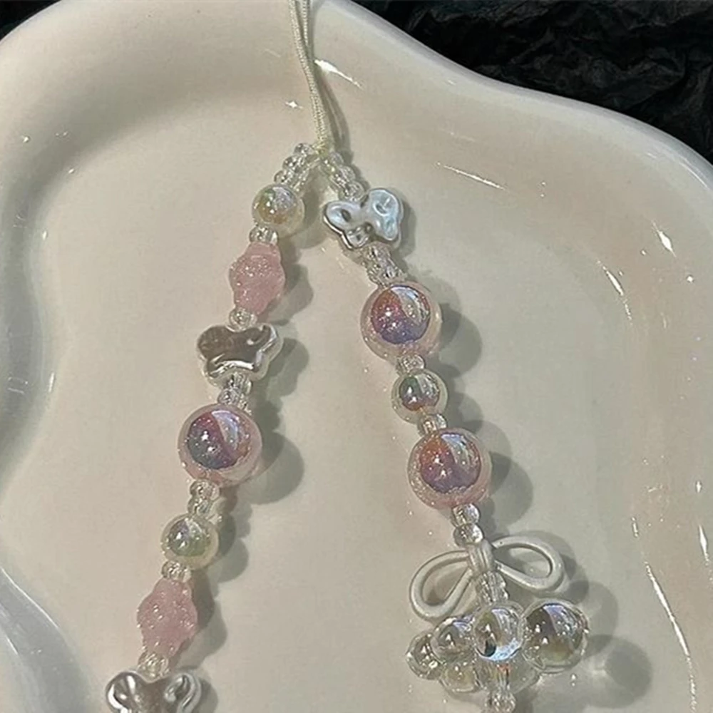 Ins Korean Pearl Beaded Phone Charm Y2K Butterfly Ribbon Phone Strap Cute Wristlet Lanyard for iPhone Case Bag Hanging Decor view 5