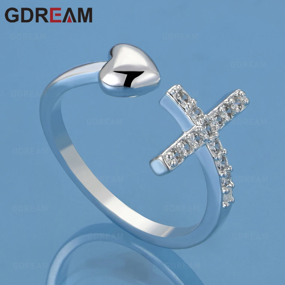 

GDREAM 925 Sterling Silver Cross And Zirconia Heart Opening Ring - A Fresh And Elegant Engagement Jewelry Design For Women