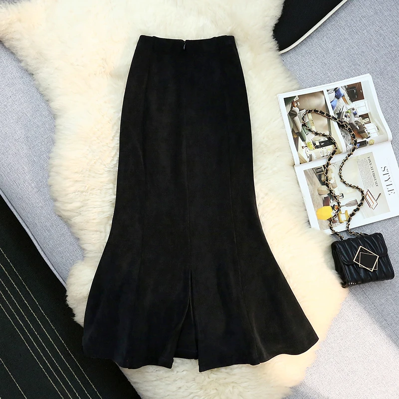 레트로 블랙 코듀로이 바디콘 머메이드 스커트 두꺼운 백슬릿 미디 펜슬 스커트 여성용 우아한 겨울 오피스웨어