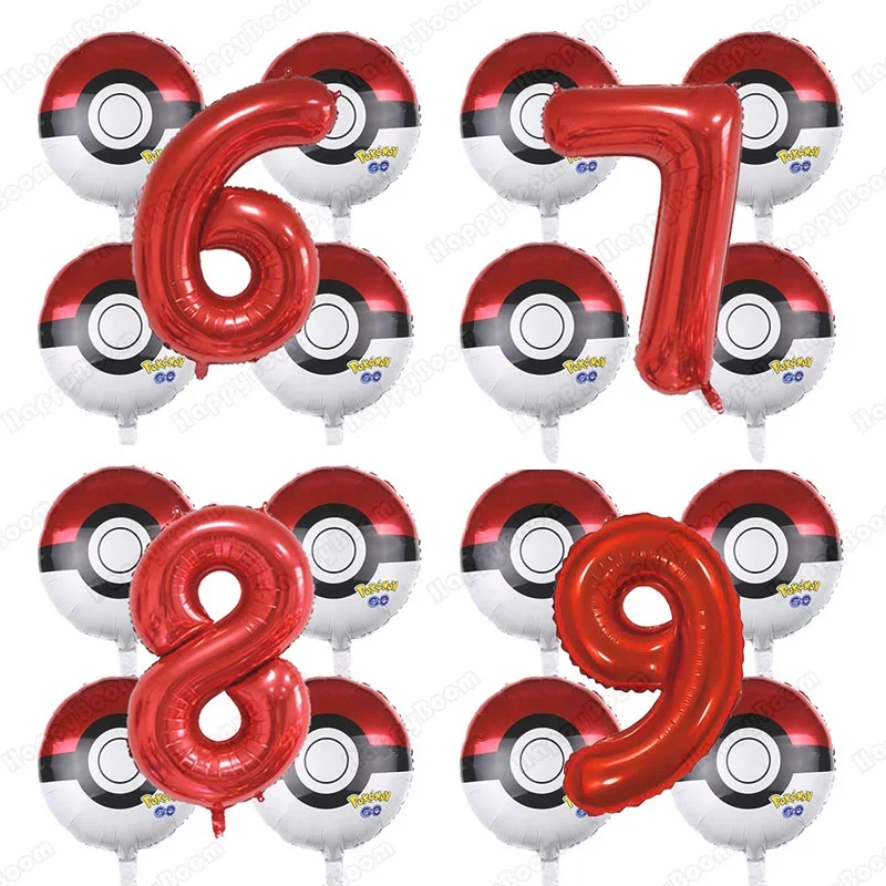 Juego de globos con temática de Pokémon, bola de papel de aluminio de Pikachu, números rojos de 32 pulgadas, globos decorativos inflables, regalo para fiesta de boda, 5 uds.