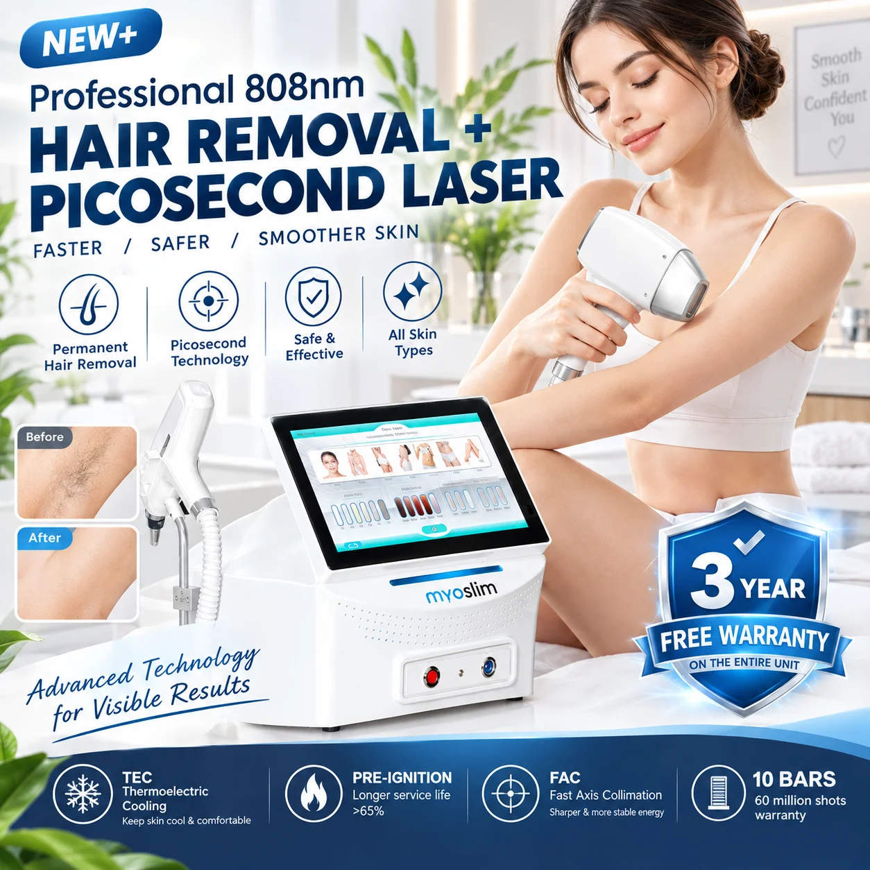 808nm Professional 4-Wavelength 2-in-1 Diode Laser Hair Removal and Picosecond Beauty System with Smart Touch Control