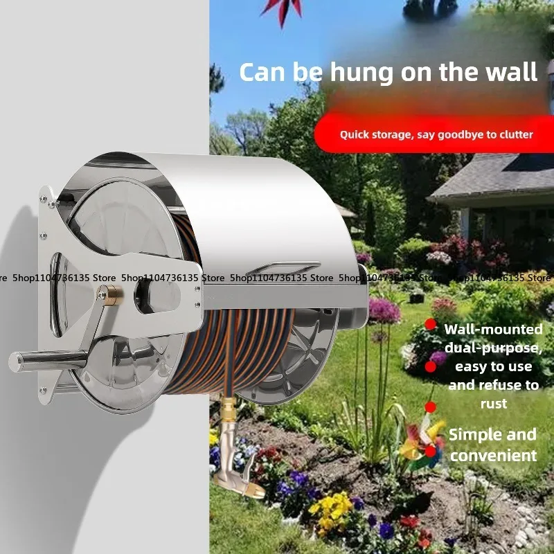 

Wall-mounted Stainless Steel Water Pipe Frame Pipe Reel Household Car Wash Watering with Cover Water Pipe Storage Rack