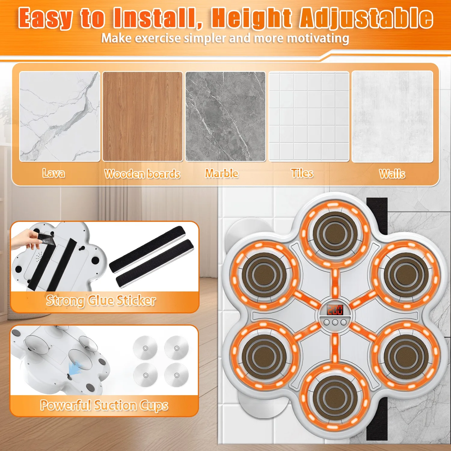 هدف الملاكمة للموسيقى الذكية - مفاتيح بيضاء للجسم باللون البرتقالي، حصيرة EVA خفيفة قابلة للتعديل، معدات الصالة الرياضية المنزلية القابلة لإعادة الشحن عبر USB