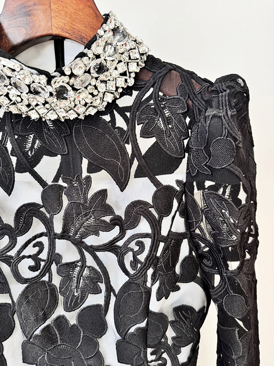 فساتين مطرزة شفافة للتخسيس ملونة من TWOTWINSTYLE للنساء برقبة واقفة وأكمام طويلة فستان خرز مرقع للسيدات #4