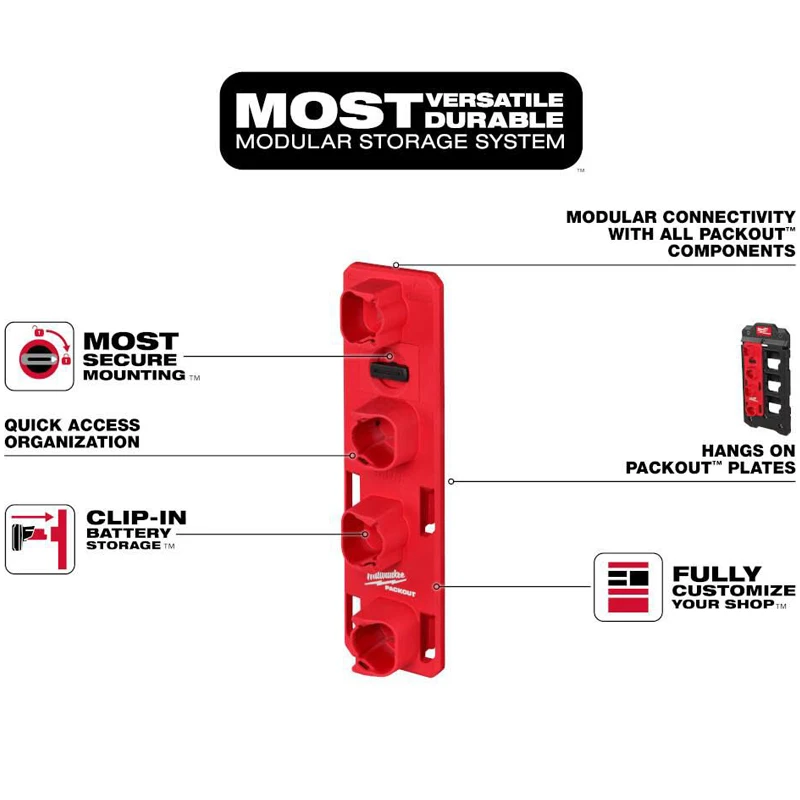 Milwaukee 48-22-8338 PACKOUT M12 Battery Rack Clamp Type Battery Storage Function  Store Up To Four M12™ Batteries Of Any Size