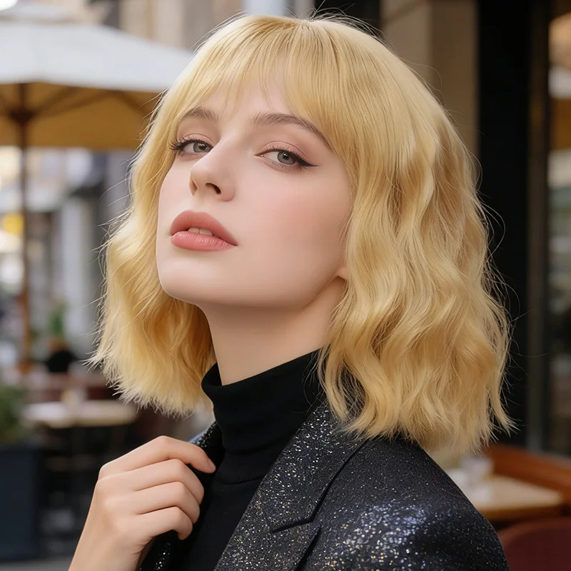 

Popular short curly wig for women, European and American style, shoulder-length wavy with air bangs, synthetic fiber hairpiece
