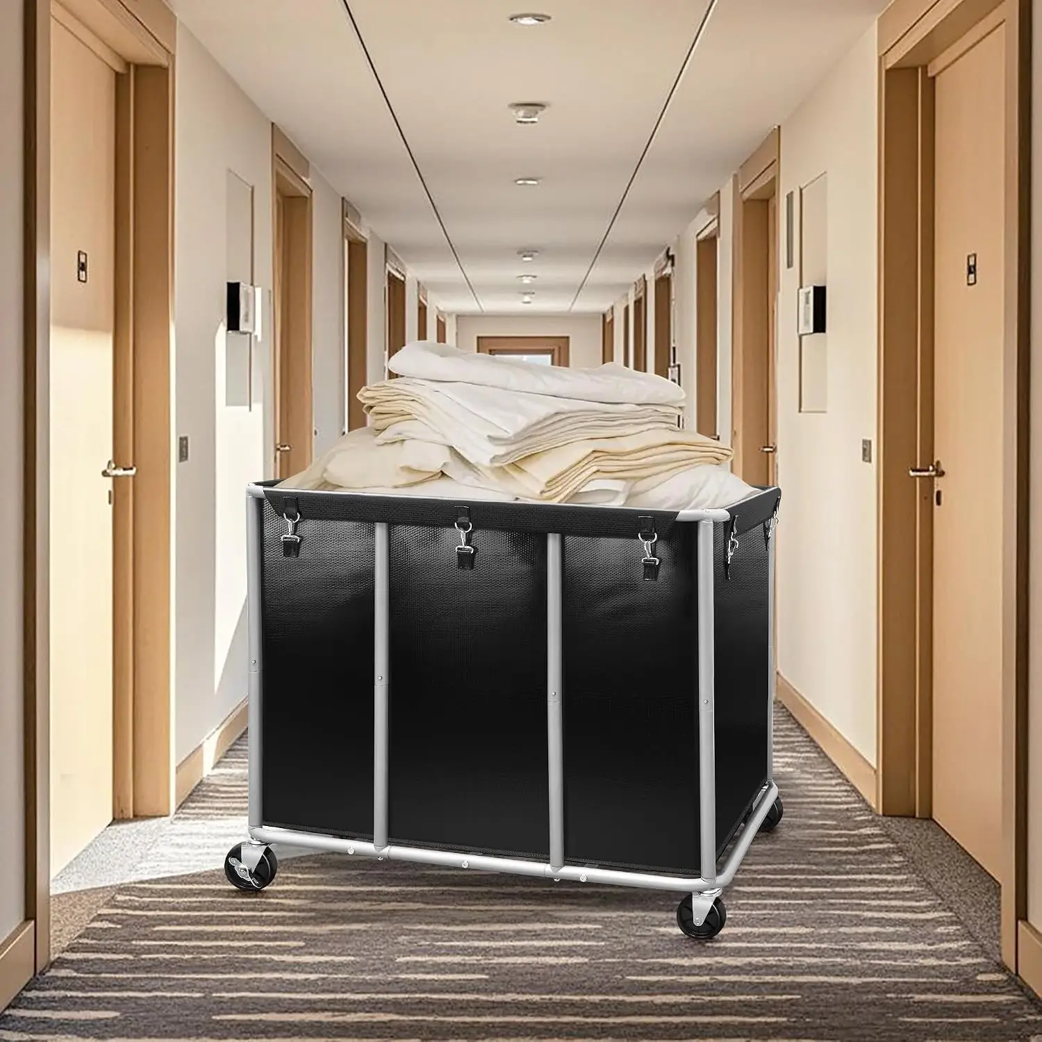 Four Hundred Twenty Liter Commercial Laundry Cart With Wheels Four Hundred Pounds Heavy Duty Rolling Laundry Basket Waterproof Removable PVC Tarpaulin Liner For Hotel Hospital Black