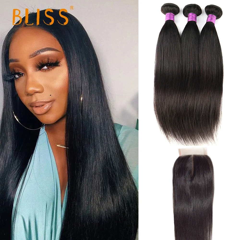 

Bliss 8-26 Inch Human Hair Bundle Straight 3 Bundles with Closure Sew Hair Extensions Natural Weave 4x4 Brazilian Hair Extension