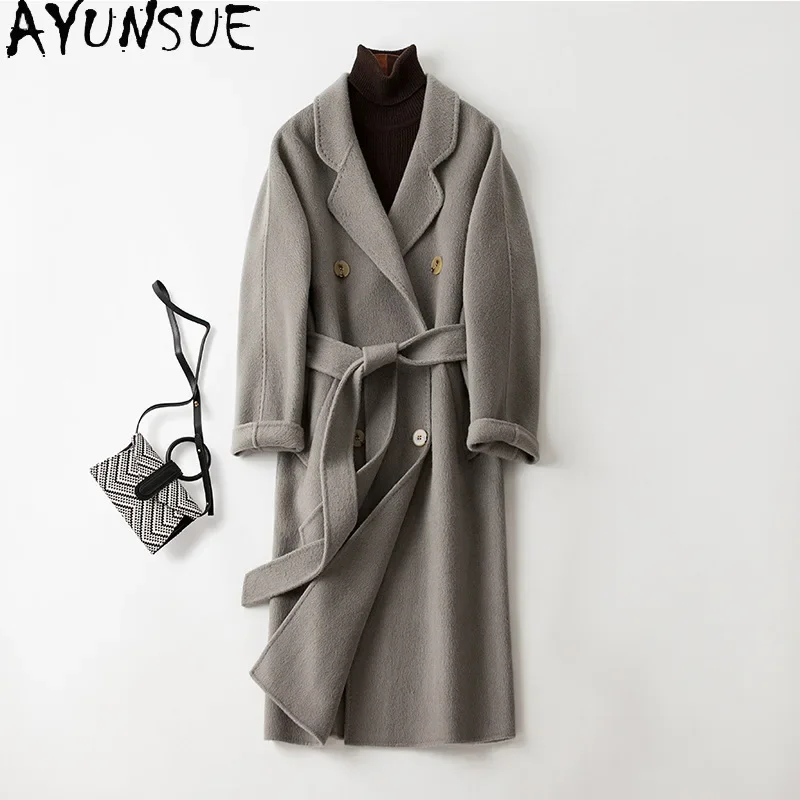 

AYUNSUE 10% Alpaca 90% Wool Coats for Women 2023 Autumn Winter Slim Long Wool Coat Double-sided Woolen Coat Elegant Lace-up