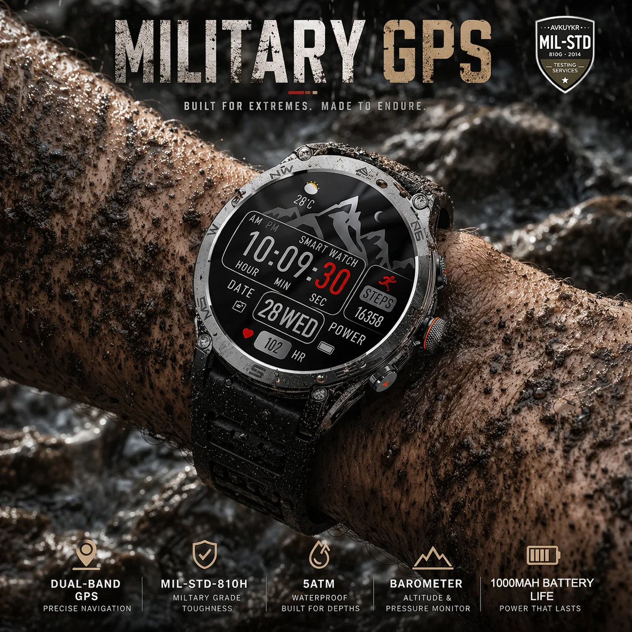 

Новые военные смарт-часы 2026 года с GPS, водонепроницаемость 5ATM, двухдиапазонная навигация, альтиметр, барометр, аккумулятор 1000 мАч, для активного отдыха и спорта