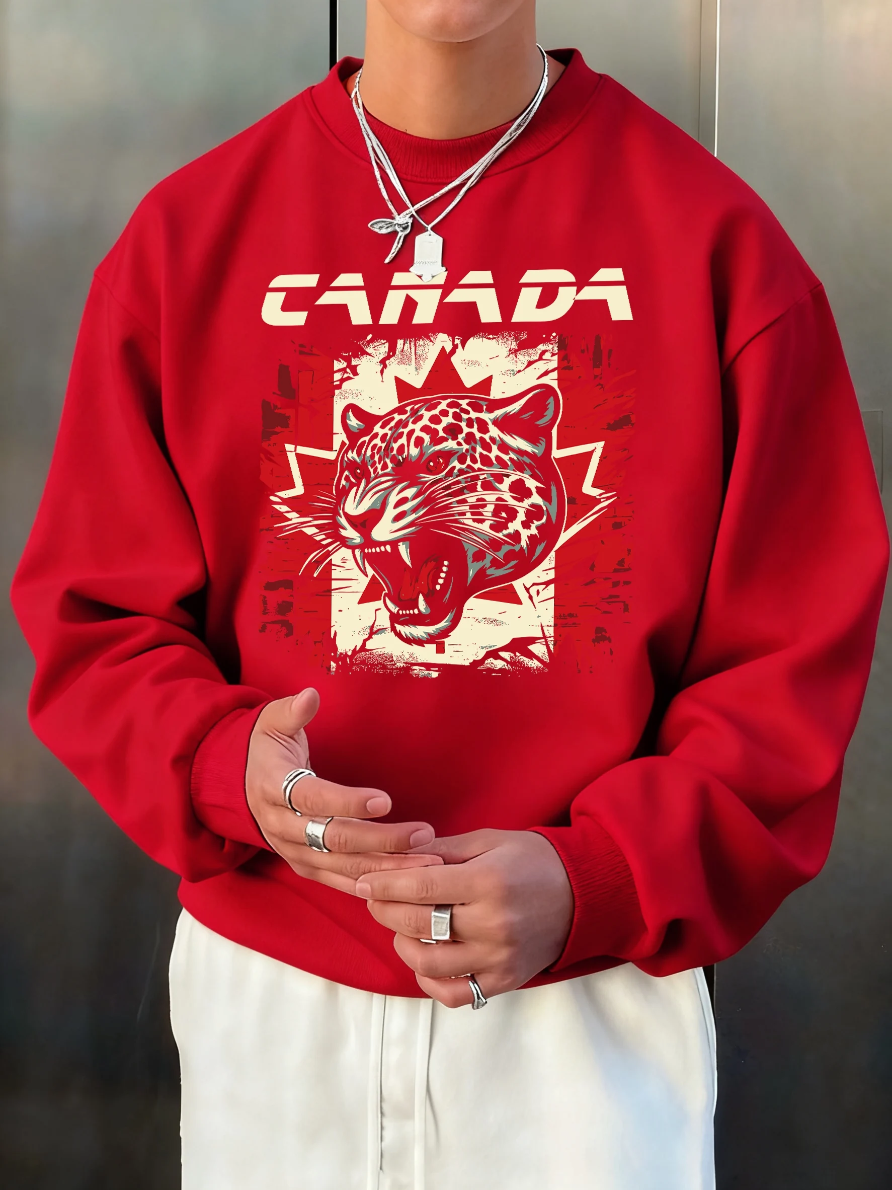 Canada Personality Tigerprints Male Autumn Sweatshirt Hip Hop Simple Hoody Fleece Trendy O-Neck Pullover Loose All-Match Clothes