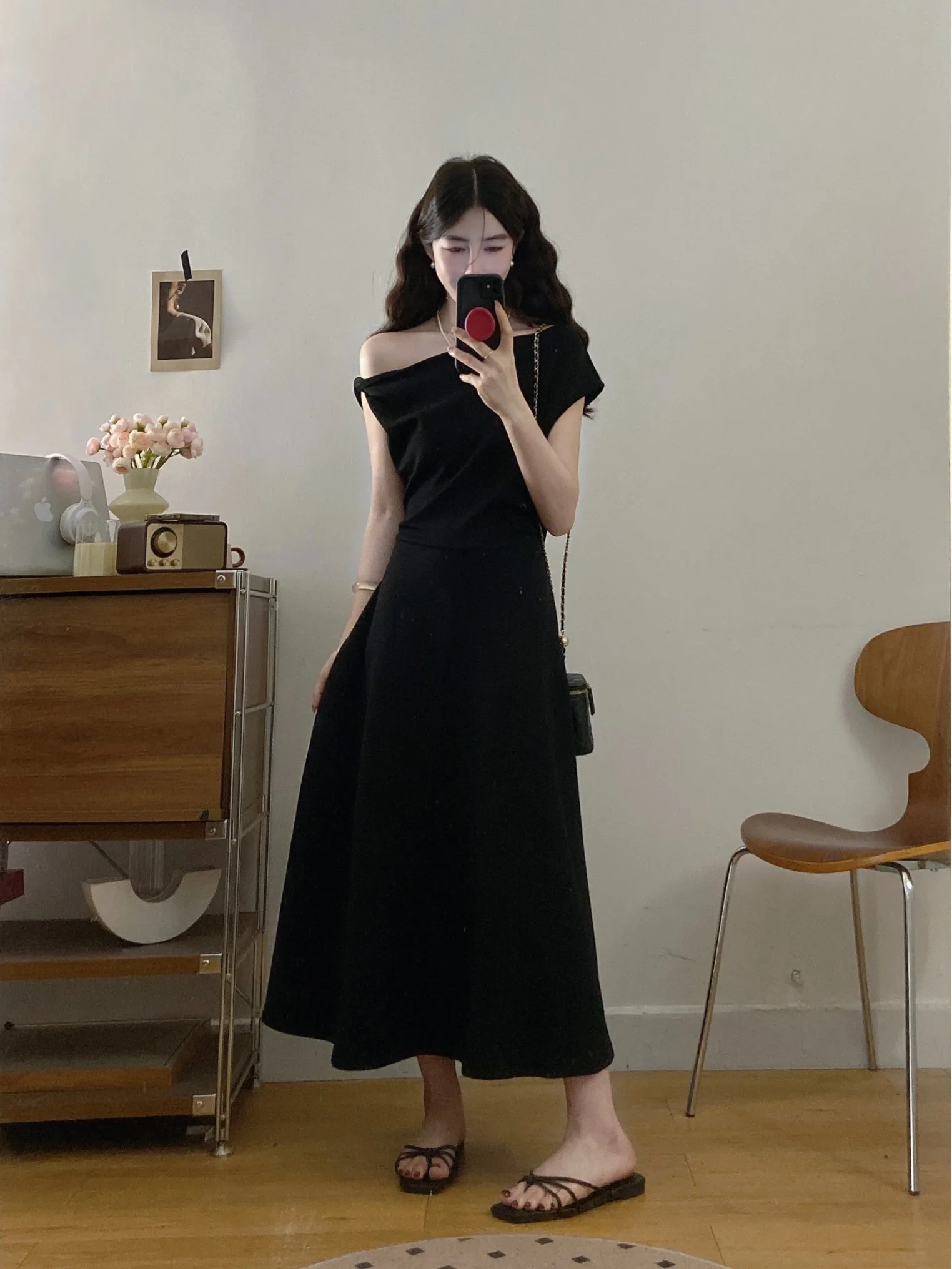

plus Size Black Asymmetrical Shoulder Dress Slimming Waist Design Korean Style Commute A-Line Long Skirt for Ladies Summer