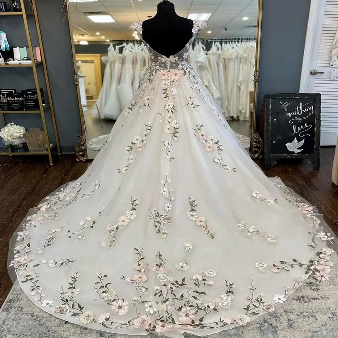 

Customized Elegant Flower Wedding Dress Cap Sleeve V Neck Embroidery Lace A Line Bridal Gown Open Back Vestido De Noiva Bride D