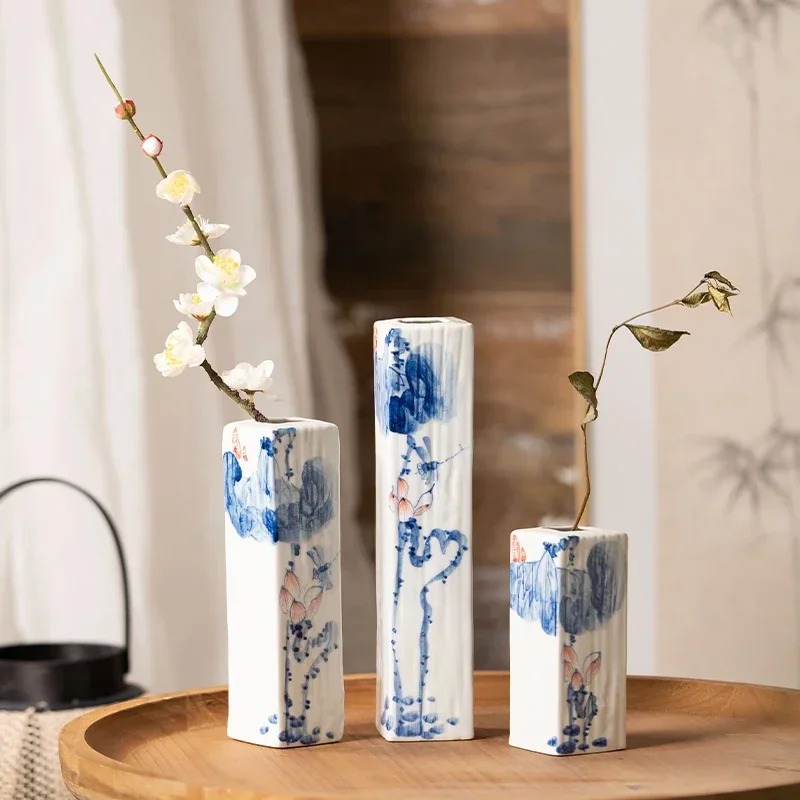 New Chinese Style Flower Vase Jingdezhen Blue and White Ceramic Table Decoration Study Tea Table Home Design Exuryse