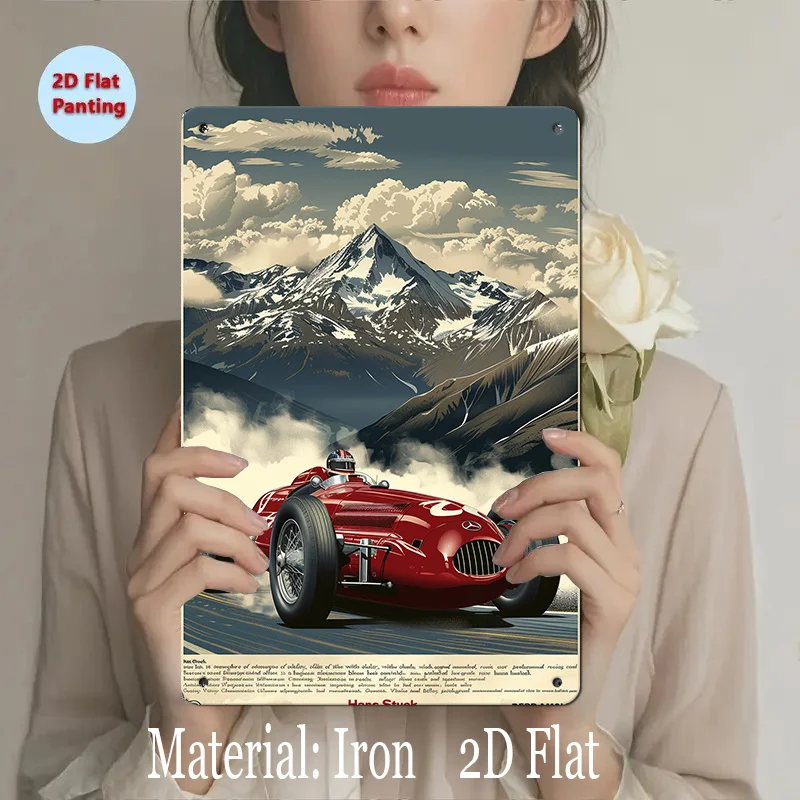 Vintage Racing Car,Mountain Landscape  Iron Wall Art Sign - Art Deco Style Durable Metal Plaque for Home, Office, Garage Decor