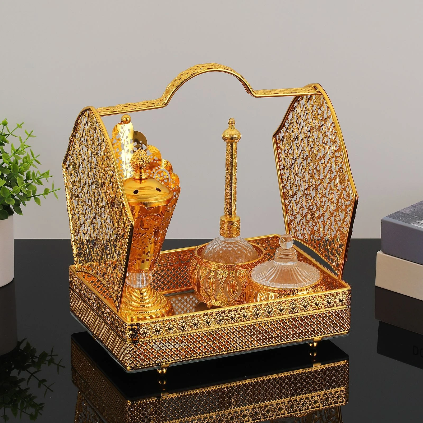 Arabic Style Metal Incense Burner Kit, Gold Hollow Basket Censer with Matching Tray, Home Aromatherapy Decor Ornament