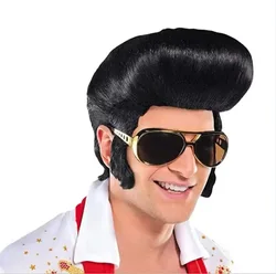 New! Men's Rock singers Elvis Cosplay Wig Elvis Black Heat Resistant Synthetic Hair Party wig + Wig Cap