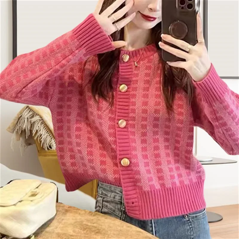 Women Clothing Cardigan Print Single Breasted Sweater Long Sleeve O Neck Knitted Jumpers Loose Button Casual Pockets 2024