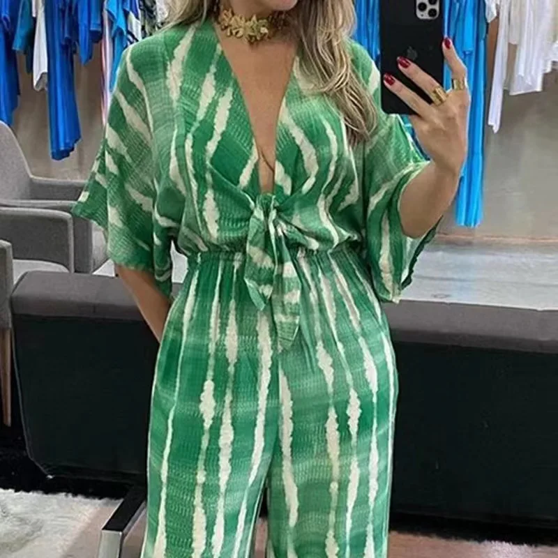 Fashion Print Hgih Waist Women\'s Jumpsuit Sexy Deep V-neck Lace Up Half Sleeve Green Jumpsuits Woman Comfortable Rompers