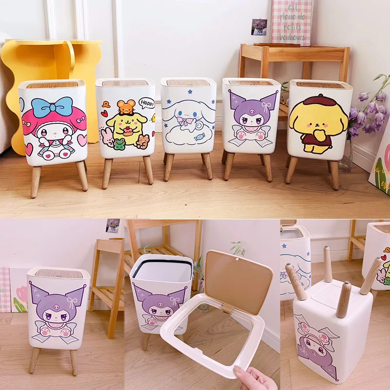 

Sanrioed High Foot Trash Can My Melody Kuromi Cinnamoroll Press Cover Dustbin Trash Bin Square Wastepaper Basket Garbage Bucket