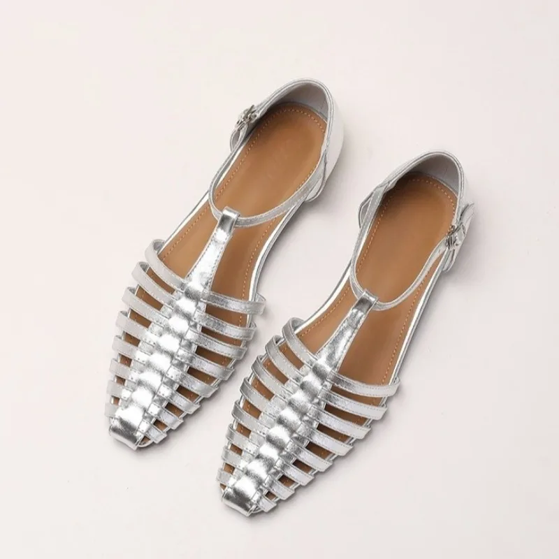 

Summer Beach Women Flat Sandals Retro Hollow Cage T-strap Design Comfort Soft Leather Casual Daily Walking Ladies Roman Shoes
