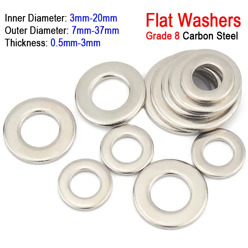 2/3/5/10~200pcs M3 M4 M5 M6 M8 M10 M12 M14 M16 M20 Flat Washer Carbon Steel Grade 8 Nickel Plated Washers Plain Washer Gaskets