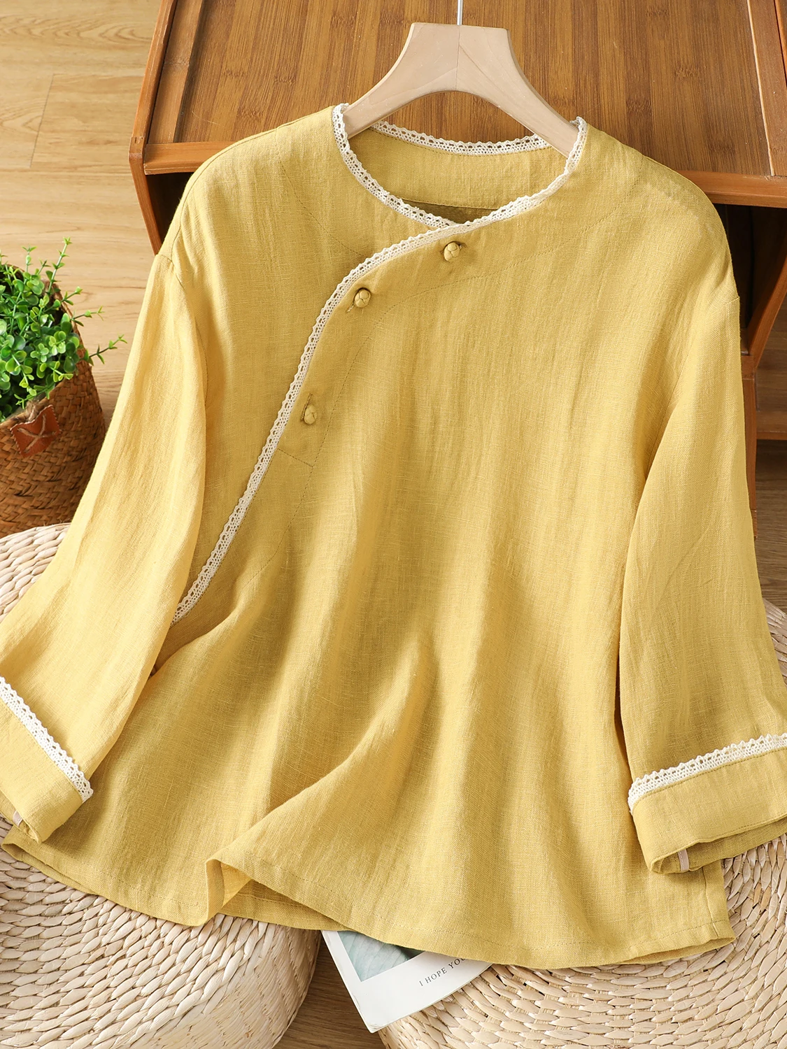 Nuevo 2025 chino Sle encaje empalme algodón Lino largo Sve irt mujer de talla grande botón inclinado traje de té Top