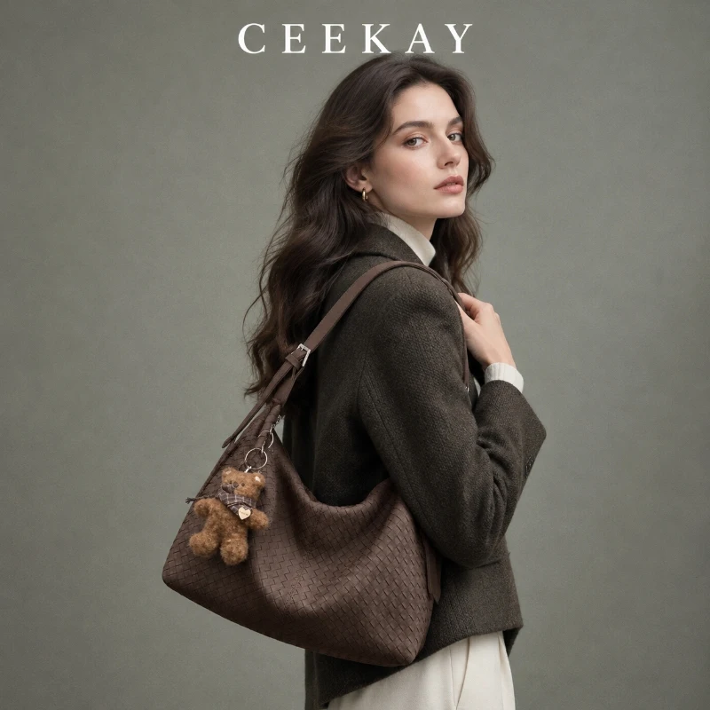 CEEKAY Woven Suede Slouchy Bag Bear Charm Adjustable Strap Everyday Casual Roomy Elegant Classic Shoulder Purse for Women