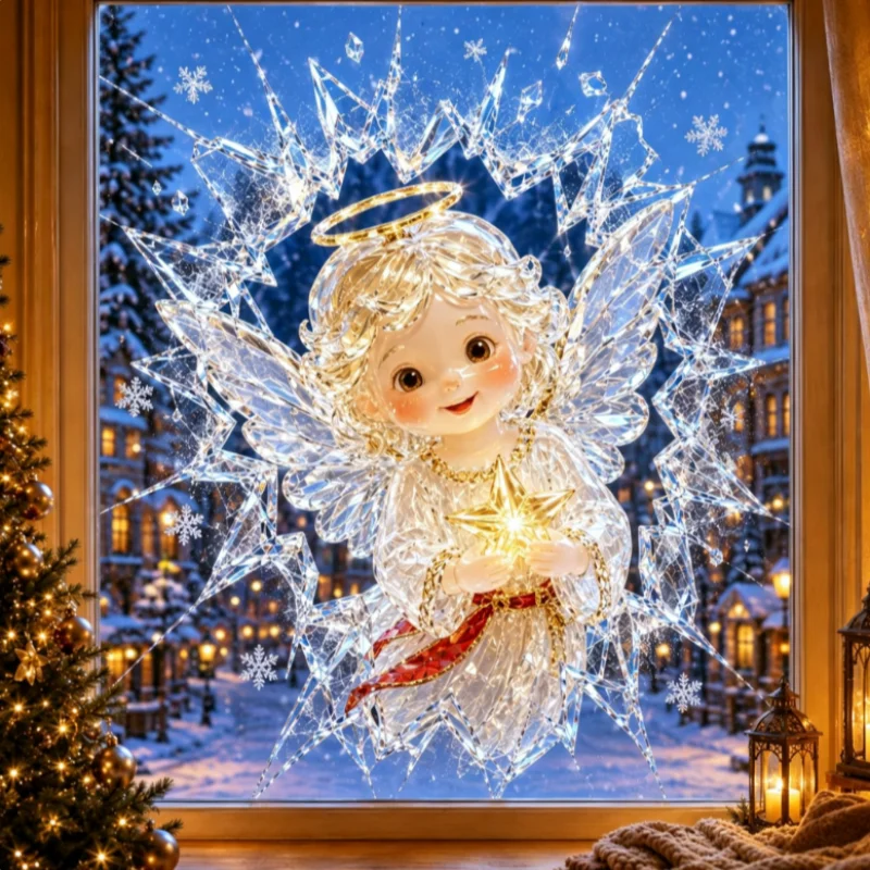 Crystal Santa Claus Window Stickers,3d Shattered Glass Illusion 3d Effect Snowman Angel Static Cling Sticker