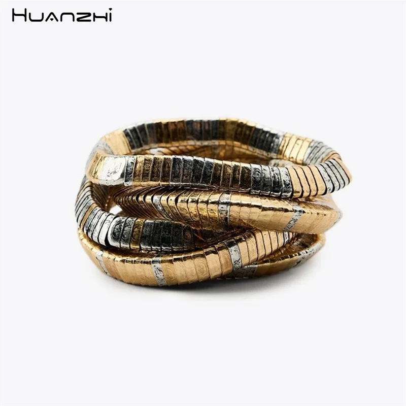 HUANZHI 5pcs/set Exaggerated Multi-layer Splicing Hand Woven Elastic Bracelet Chunky Metal Cuff Bangle Jewelry for Women