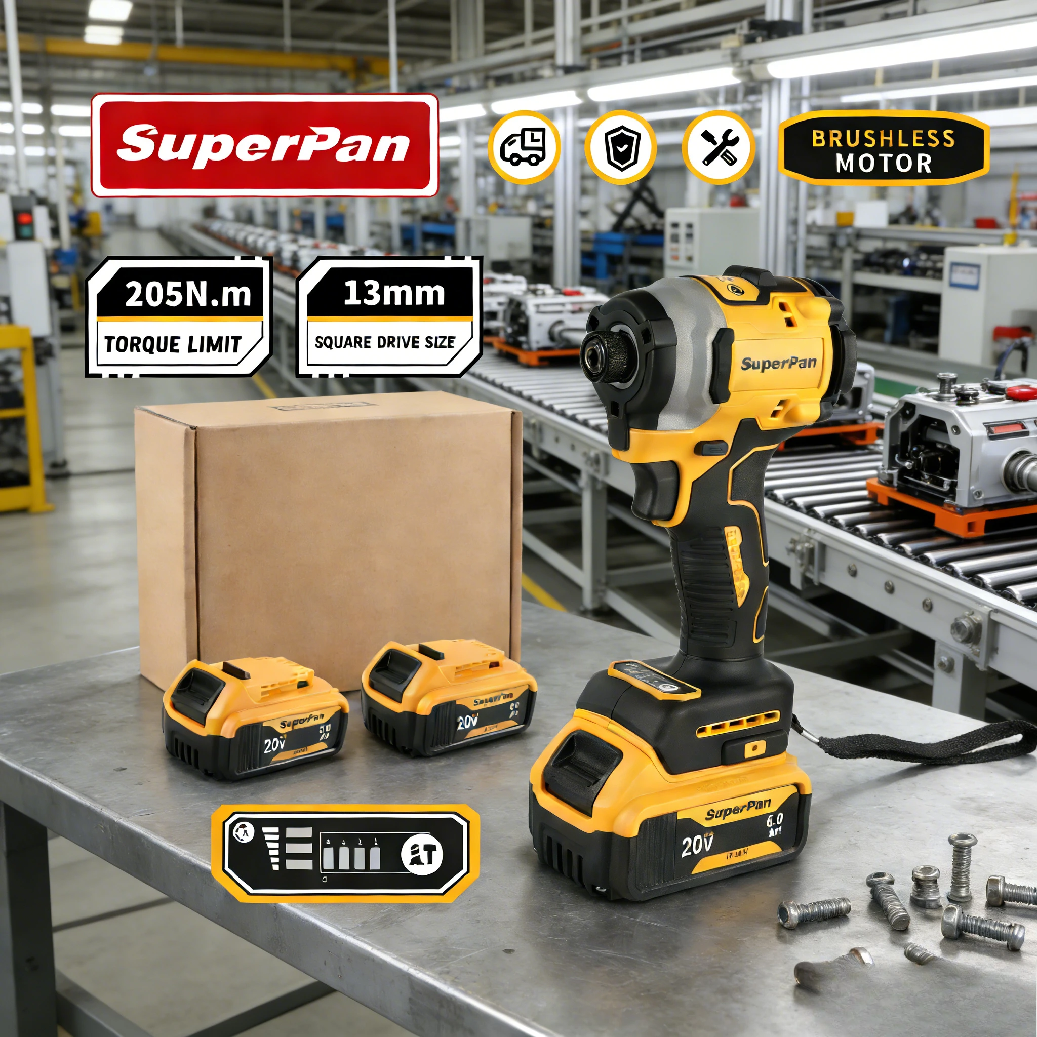 

Ударный гайковерт SuperPan 205 Нм, литиевый, для обслуживания оборудования и ремонта на заводе, совместим с аккумулятором Dewalt 20В