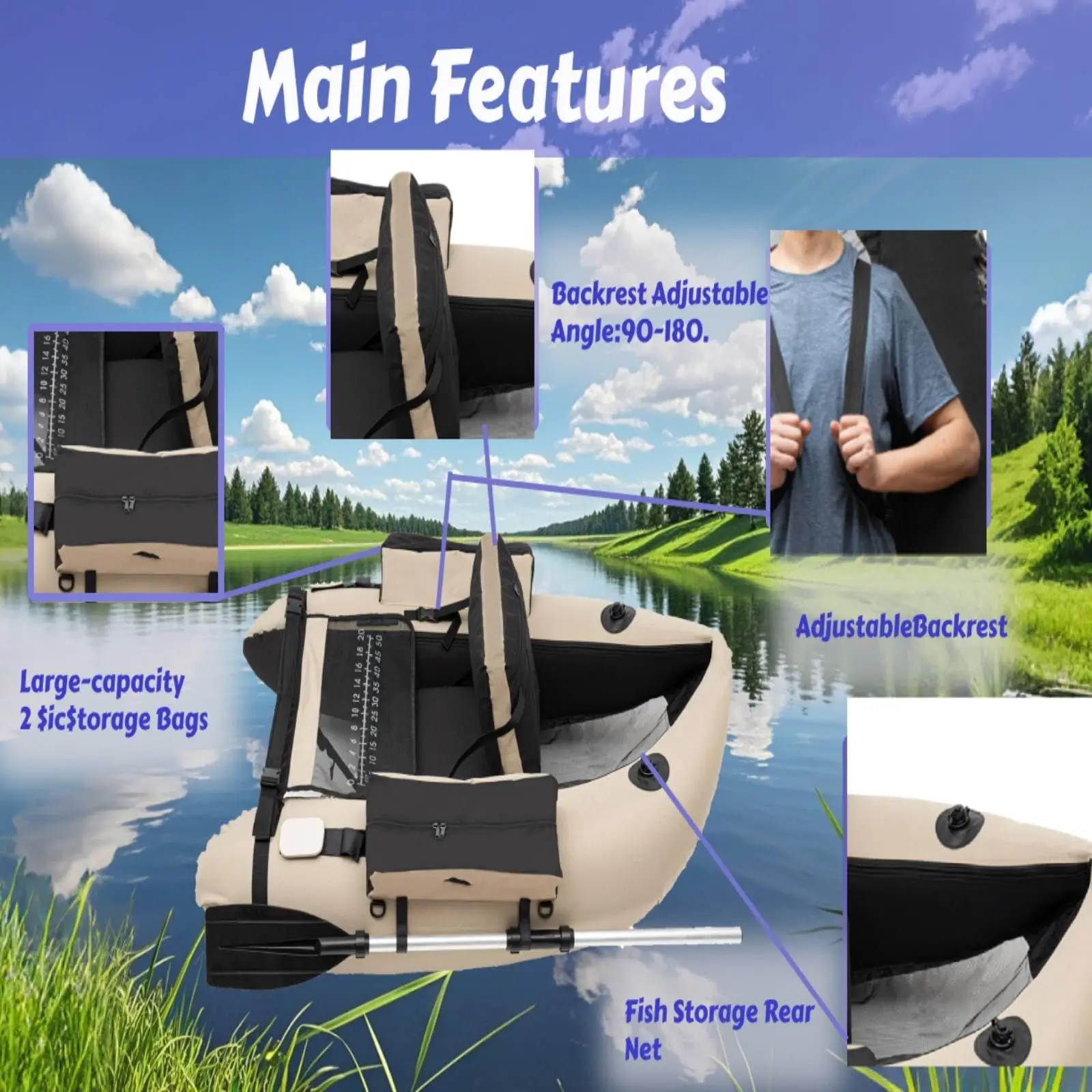 قارب صيد خارجي مقاس 53.5 * 41.5 بوصة مع مجداف، زعانف، مسطرة سمكة 20 بوصة، مضخة، جيوب تخزين، أشرطة قابلة للتعديل، 286.6 رطل Lo