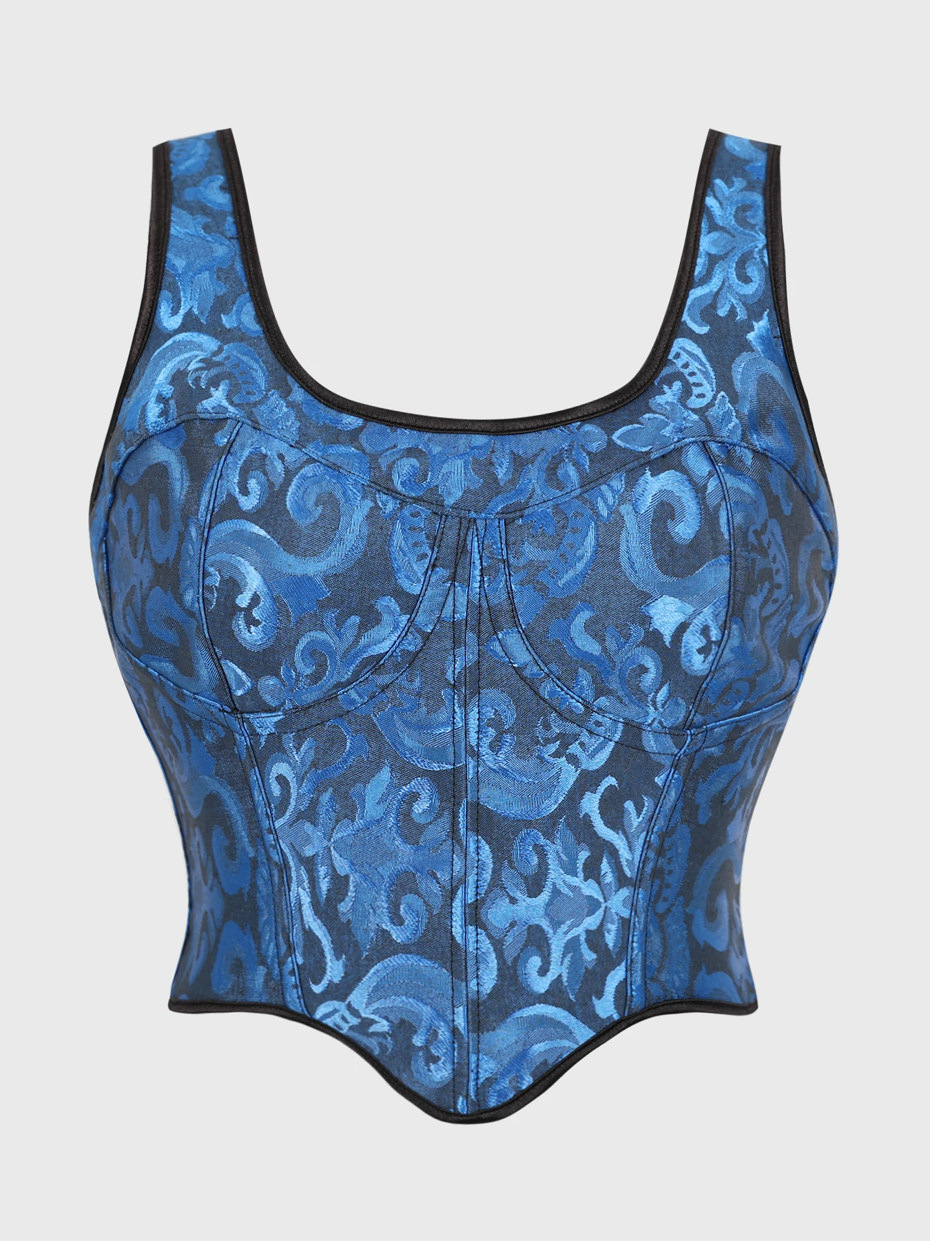 

Ретро-корсет синего цвета в стиле барокко, жаккардовый, без рукавов, с квадратным вырезом, облегающий.