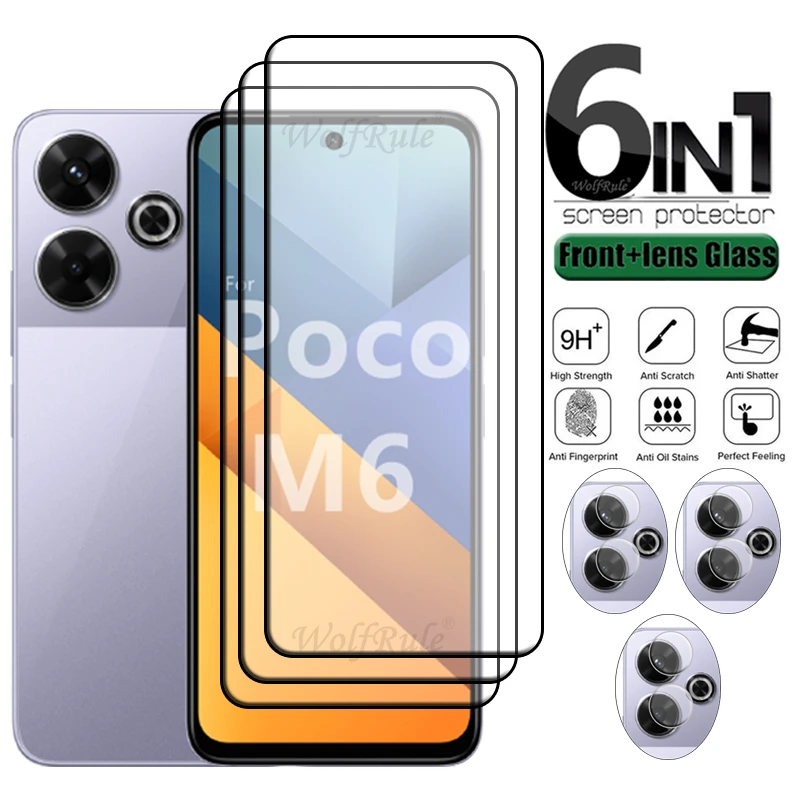 

6-in-1 For Poco M6 Glass Xiaomi Poco M6 PocoM6 Tempered Glass Protective 9H Full Cover Glue Screen Protector Poco M6 Lens Glass