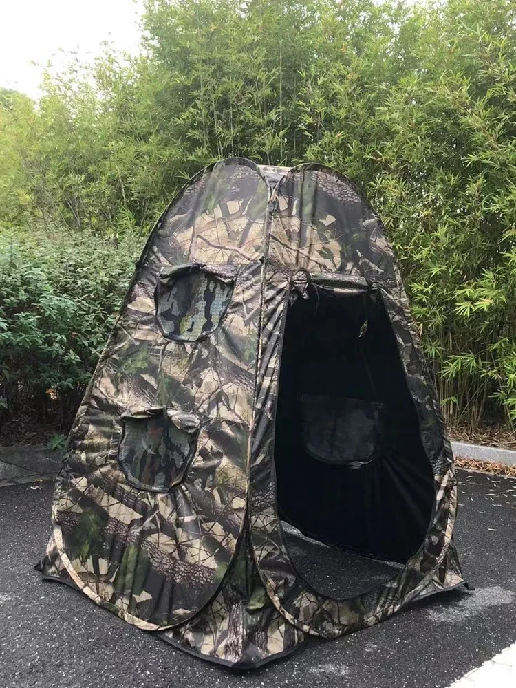 Single Person Pop Up Outdoor Photography Tent 3Sides 6Windows 360 Degree Watching Bird Portable Privacy Camouflage Black Caoted