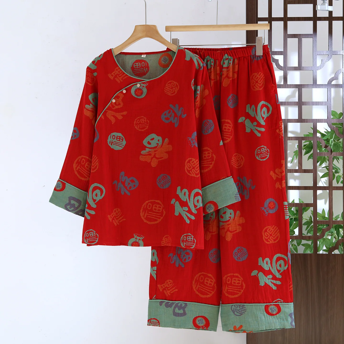 

Red Color Character Printed New Year Women's Pajamas Set for Spring Button Round Neck Homewear Sets Womens Outfits Clothes