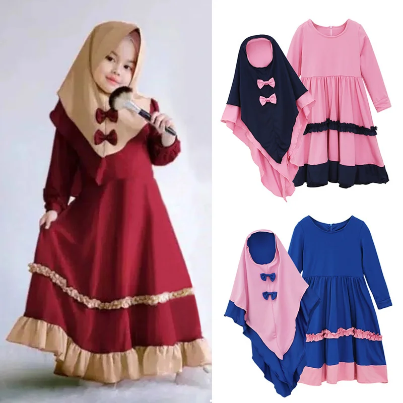 

Girls Spring Autumn Dress Kids Long-sleeved A-Line Gown Children Clothes With Bow Hijab 2Pcs Suits New Princess Casual Vestidos