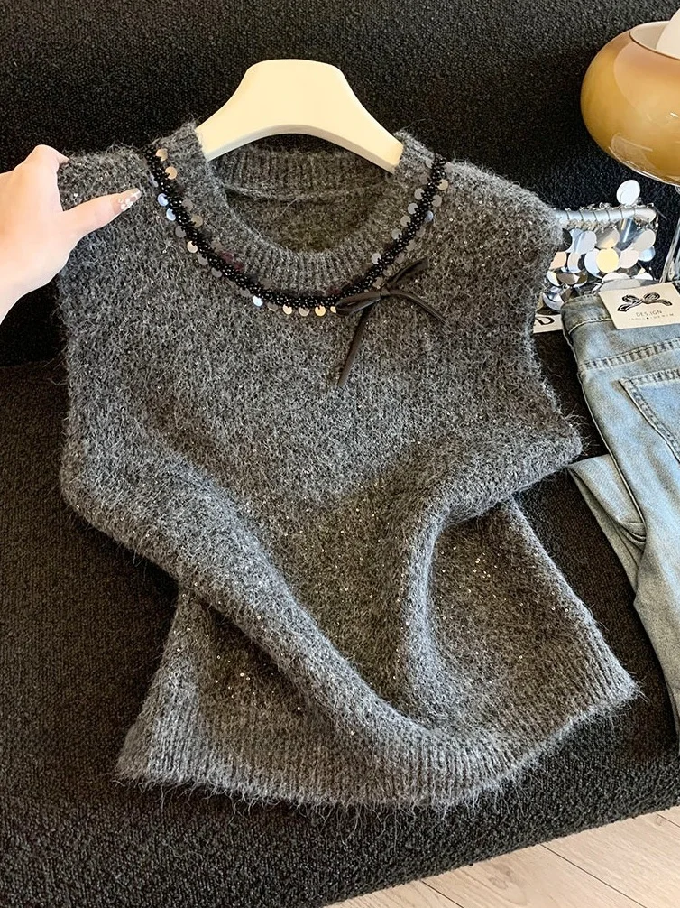 

Spring 2026 New Retro Heavyweight Sequin round Ne Knitted Vest Women's ey Layering Sweater Top Girls' Regular Fit Knitwear