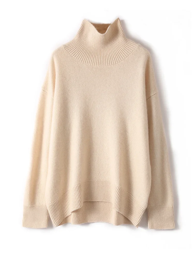 Maglione invernale in Cashmere spesso per donna Pullover con collo alto in puro Cashmere 100% caldo e sciolto con Base in maglia top per vento pigro