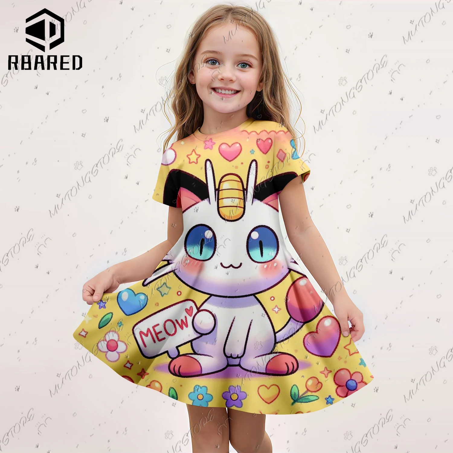 2024 Summer New Children\'s Original Short Sleeve Dress Girl 3D Pokémon Print Clothes Girls Party Clothing Kids Skirt Nightgown