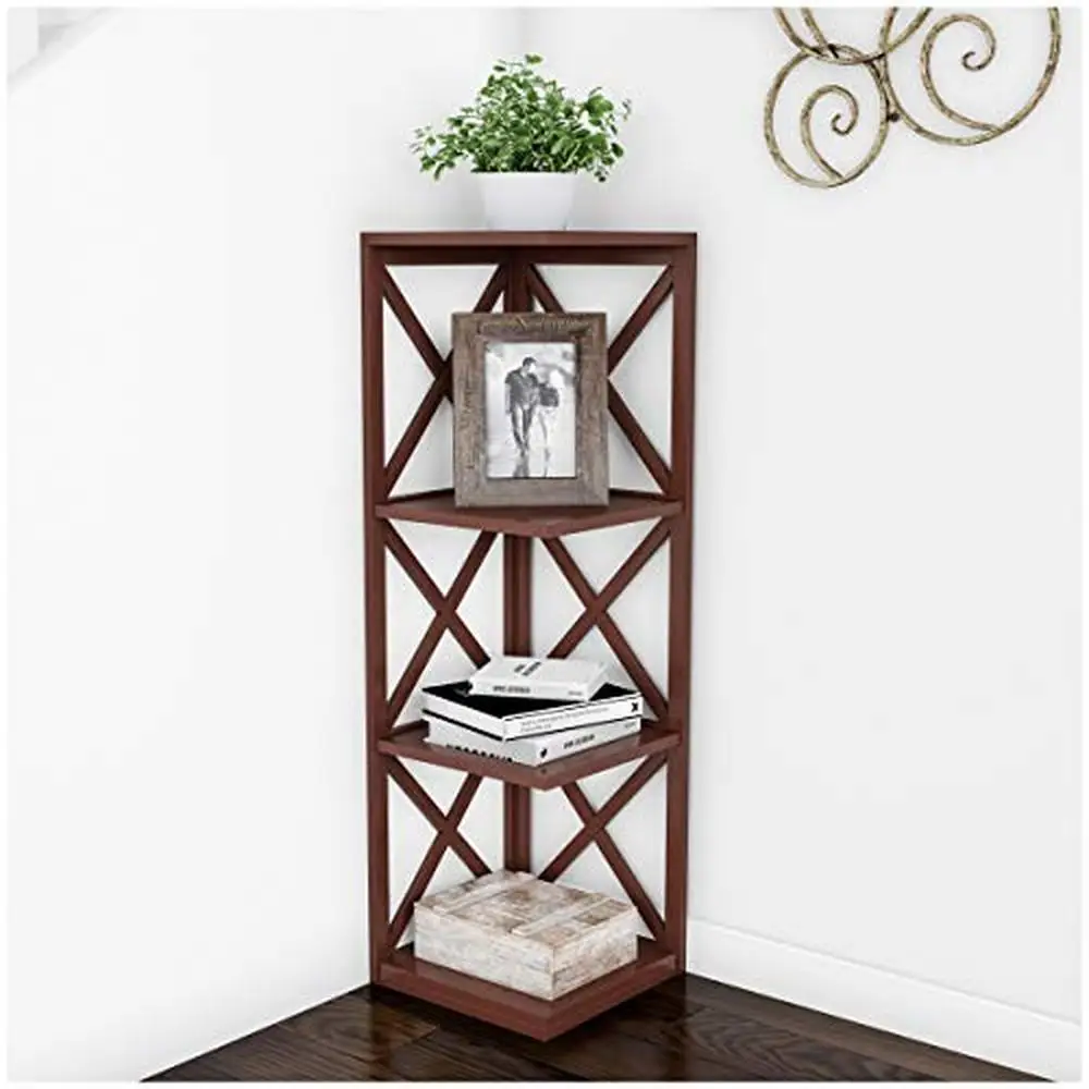 

4-Tier Crisscross Style Corner Bookcase Brown 38.25"H Freestanding Wood Display Shelf