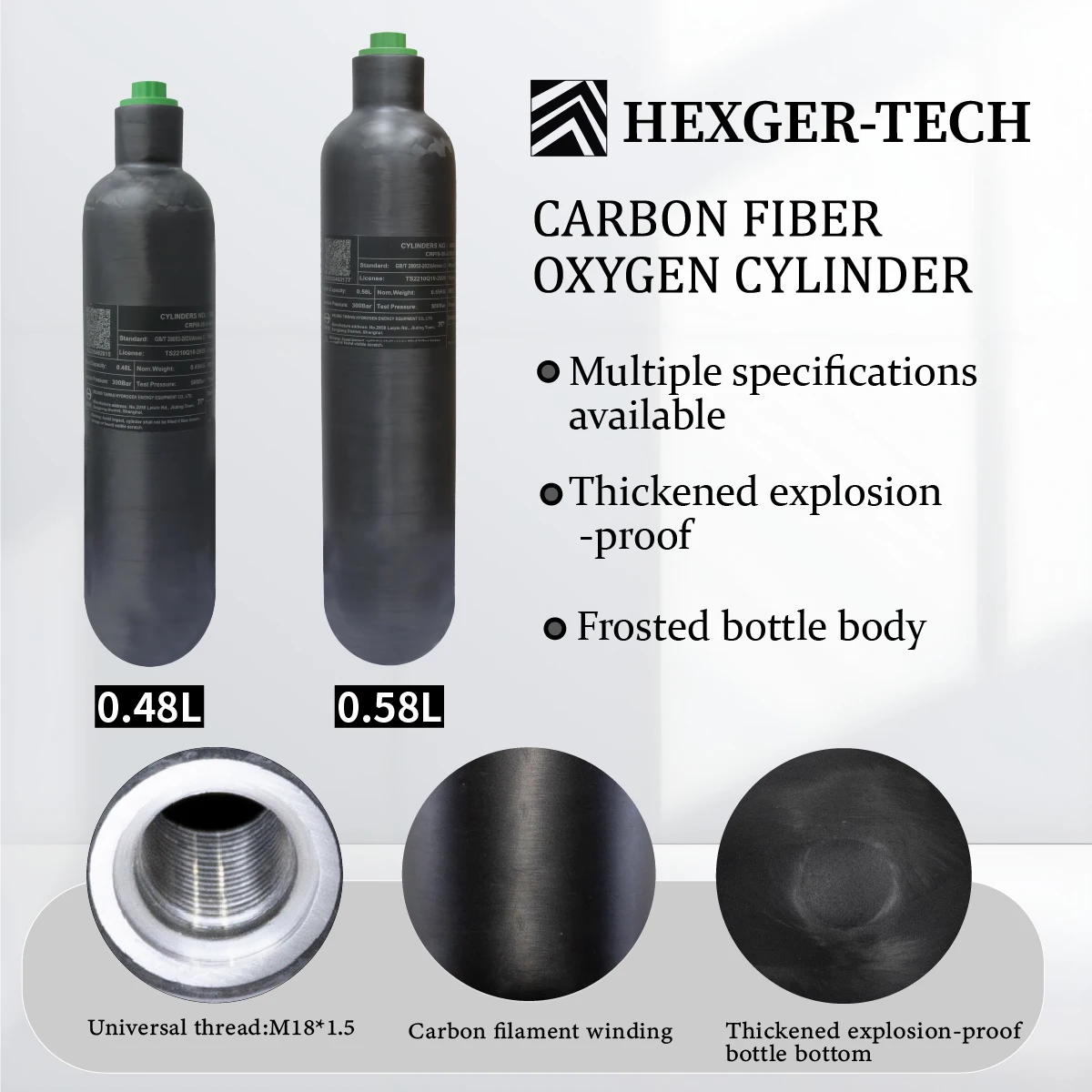 4500PSI 300Bar 30MPA 0.48L 0.58L Carbon Fiber Cylinder HPA Tank High Pressure Air Bottle M18*1.5