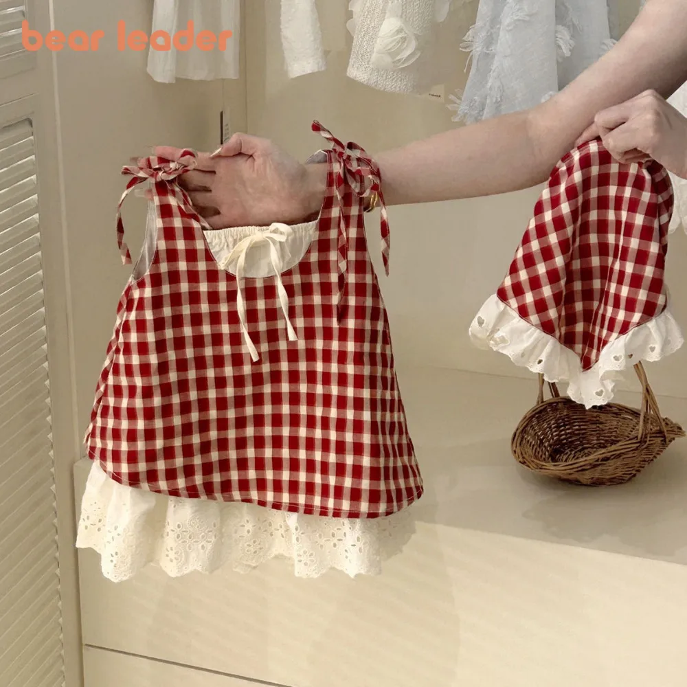

Christmas Red Checkered Printed Girls' Casual Dresses Korean Version Summer Vacation Two-piece Sleeveless Vest Dress
