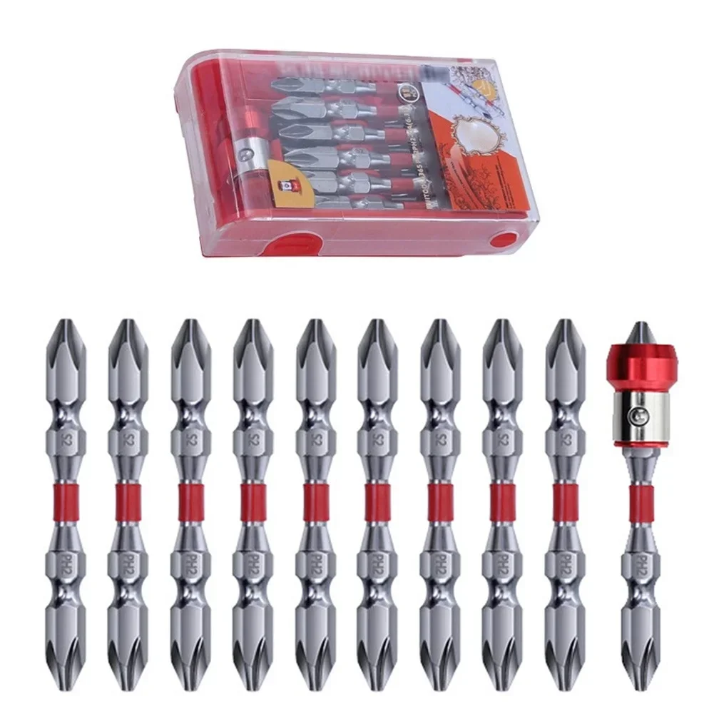 11pcs PH2 1/4 Inch High Hardness Magnetic 65MM 100MM Screwdriver Bit Alloy Steel Double Cross Head Red And Silver Hand Tool Part