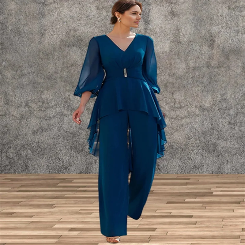 Chiffon Mother of the Groom Dresses V-Neck Half Sleeves Jumpsuit Ruffles Floor-Length Guest Dresses For Wedding Party Dress