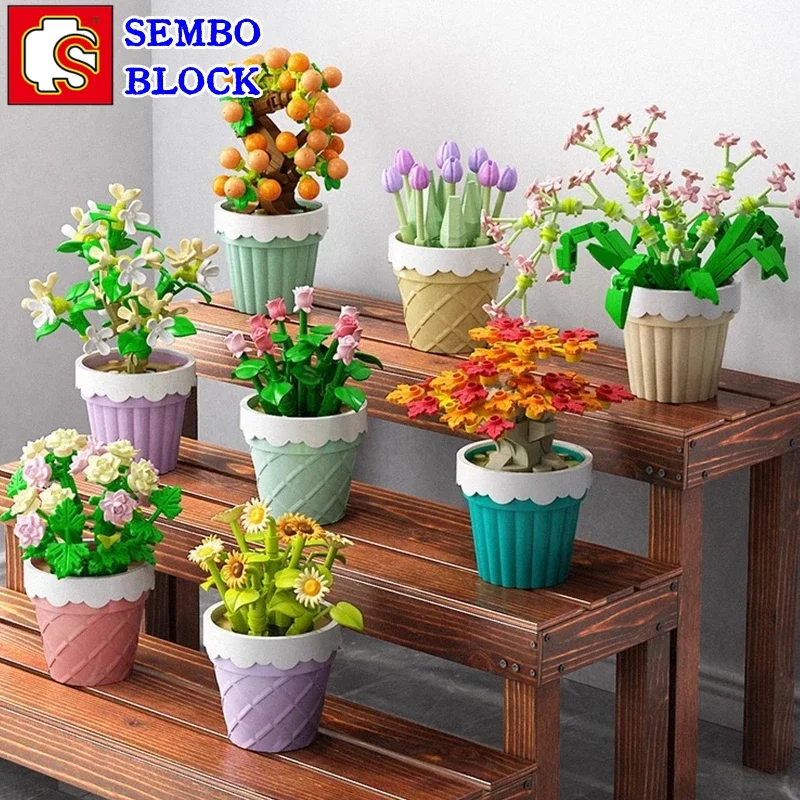 SEMBO BLOCK succulent potted building blocks desktop  model ornaments children's educational toys girls birthday gifts